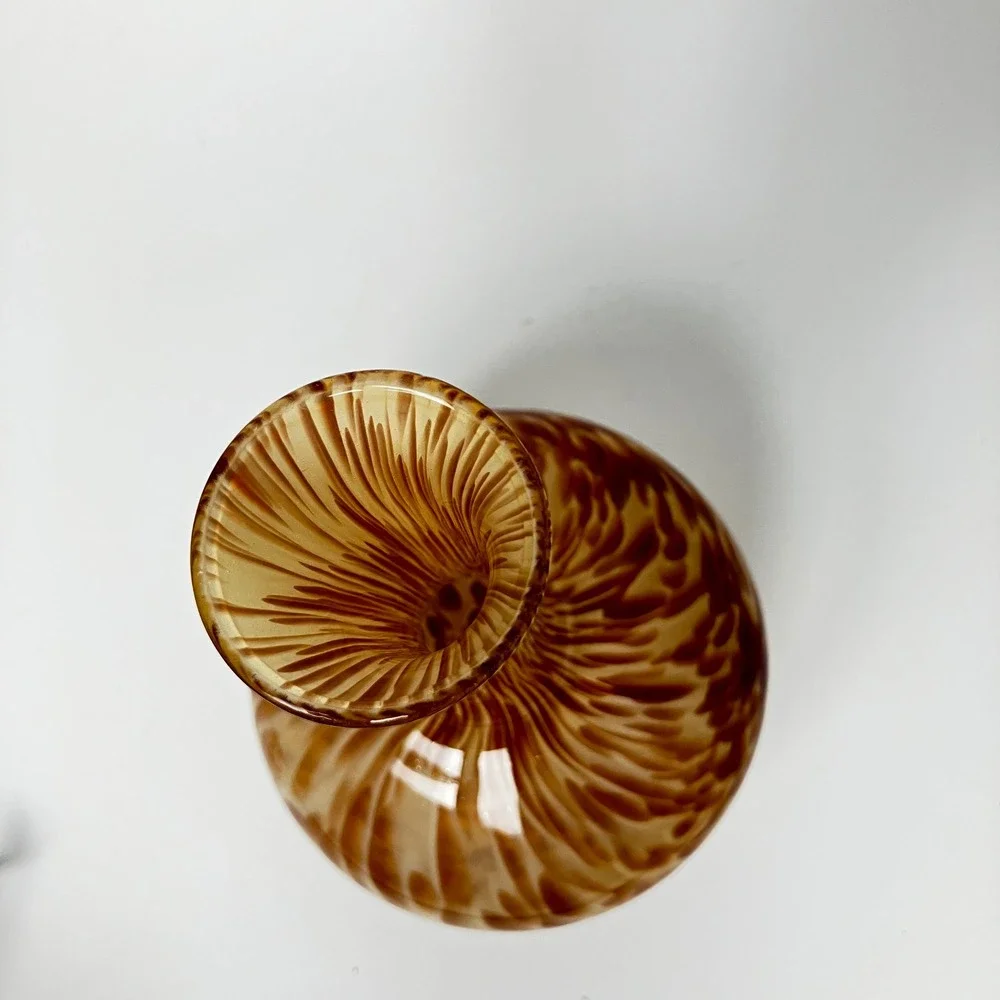Vintage Italian Art Glass Vase - Amber Tortoise Swirl, White Cristal Style 7.5